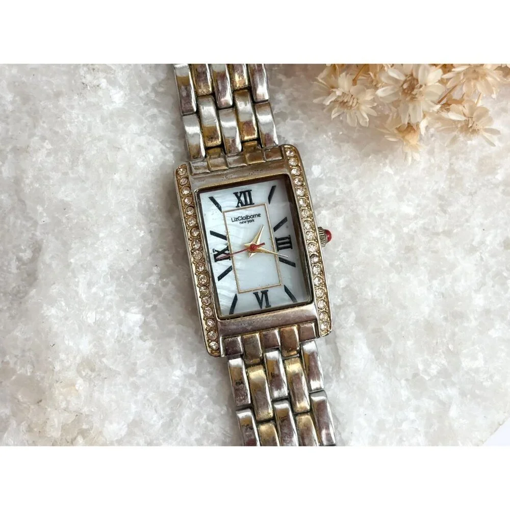 Liz Clairborne Silver T LIZ32SG Rhinestone Vintage Wristwatch - 22mm - WORKS!